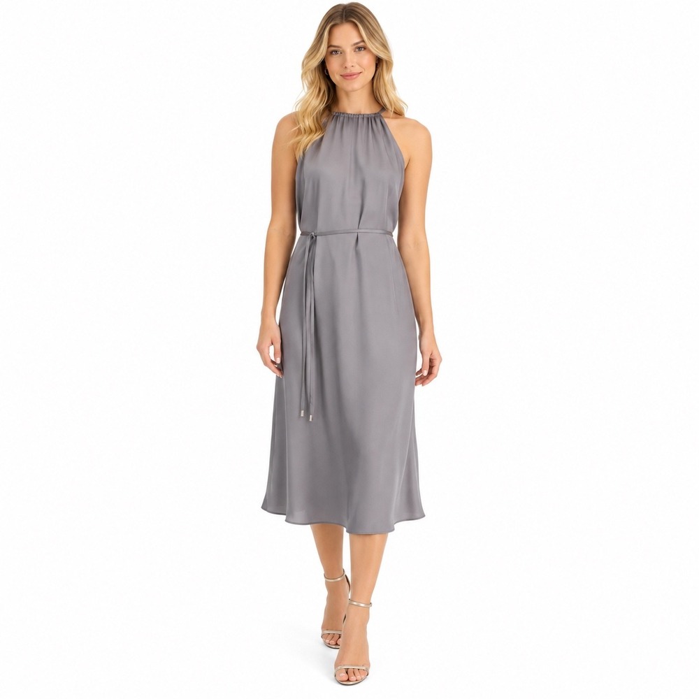 NWT INC Brushed Nickel Gray Halter Belted Midi Dress Size 10 Wedding Guest